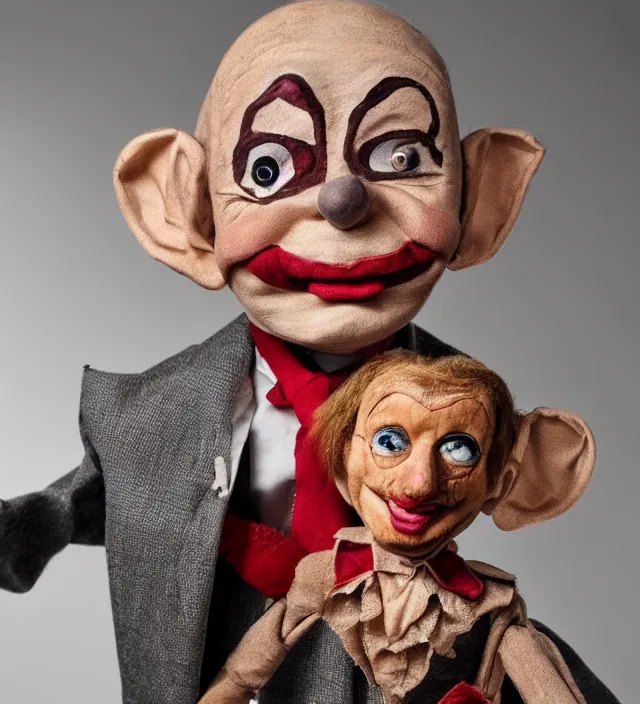 Prompt: hyper realistic photography of horrific old wooden ventriloquist puppet