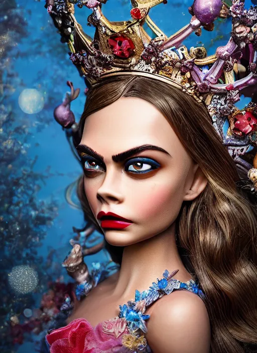 Image similar to closeup face profile portrait of a tin toy cara delevingne as a fairytale princess wearing a crown, bikini, depth of field, zeiss lens, detailed, symmetrical, centered, fashion photoshoot, by nicoletta ceccoli, mark ryden, lostfish, breathtaking, 8 k resolution, extremely detailed, beautiful, establishing shot, artistic, hyperrealistic, octane render