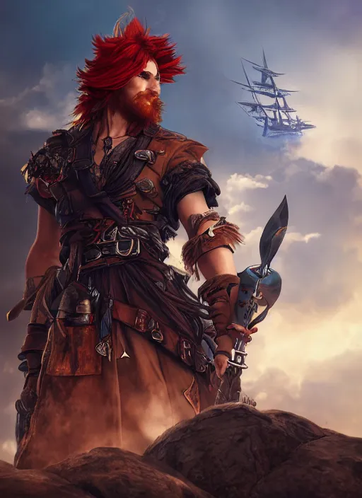 Prompt: an epic fantasy comic book style portrait painting of a long haired, red headed male sky - pirate in front of an airship, unreal 5, daz, hyperrealistic, octane render, cosplay, rpg portrait, dynamic lighting, in the style of final fantasy