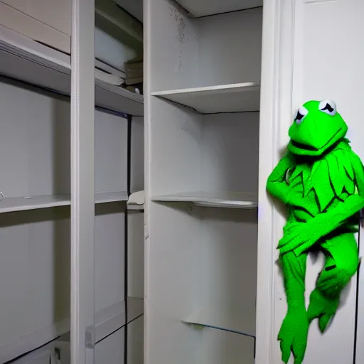 Prompt: photographs of FBI Kermit finding Elmo Esteves in a closet