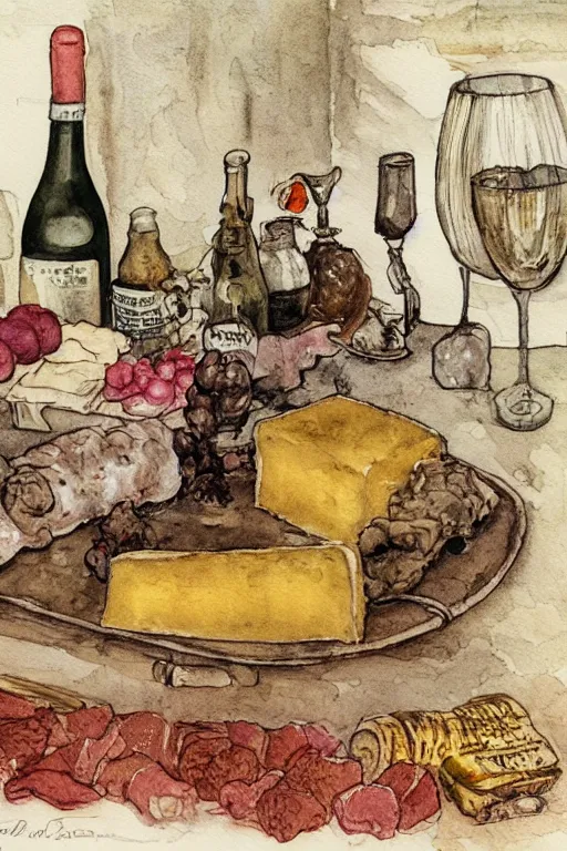 Image similar to pork, meat, schnapps, wine, cheese, candle on a barrel in a cellar, watercolor painting by anderz zorn and carl larsson