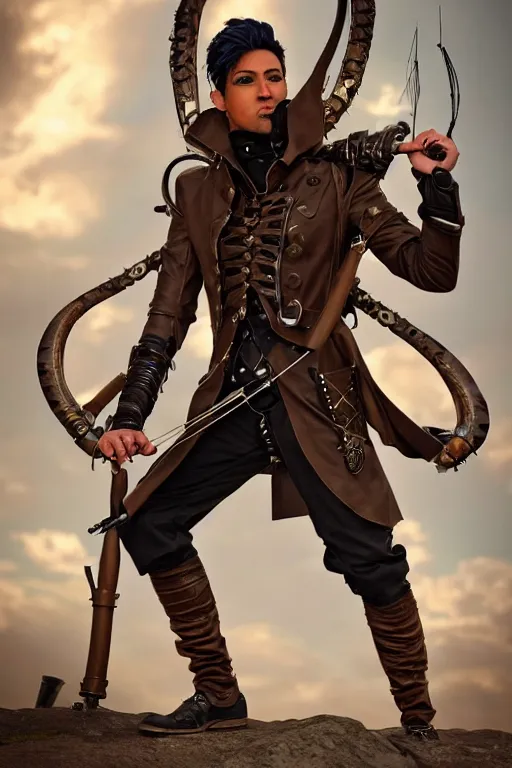 Prompt: Full body Picture of a Male archer, steampunk, black leahter gloves, leather trench coat, marked muscles, brown skin, detailed face, light blue hair, brown eyes, detailed face, combat stance, black denim pants, intrincate clothing, hi-tech longbow, metallic arrows, urban jungle, epic fantasy, city in the background, steampunk, D&D, by artgerm and Craig Mullins, James Jean, Andrey Ryabovichev, Mark Simonetti, Genzoman, and Peter Morbacher, matte painting, trending on artstation, artstationHD, artstationHQ, octane, full HD, 16K