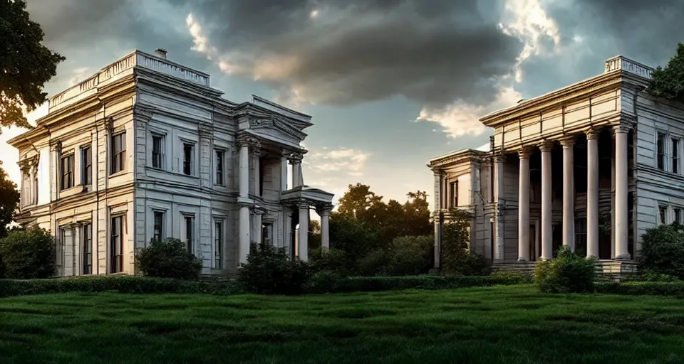 Prompt: An incredibly beautiful scene from a 2022 Marvel film featuring a neoclassical mansion designed Daniel Libeskind 8K UHD.