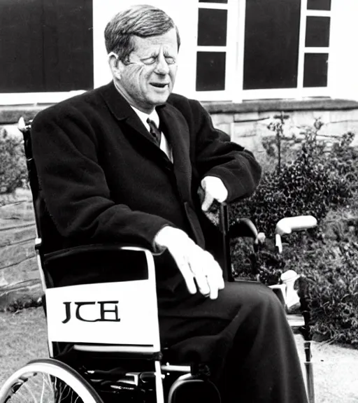 Prompt: j f kennedy as an old man on a wheelchair, photo