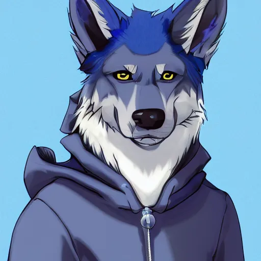 Image similar to an anthro anthropomorphic furry fursona hybrid of a blue german shepherd and a blue fox, with blue fur and blue eyes in a hoodie, award winning digital art, trending on furaffinity, artstation, pixiv