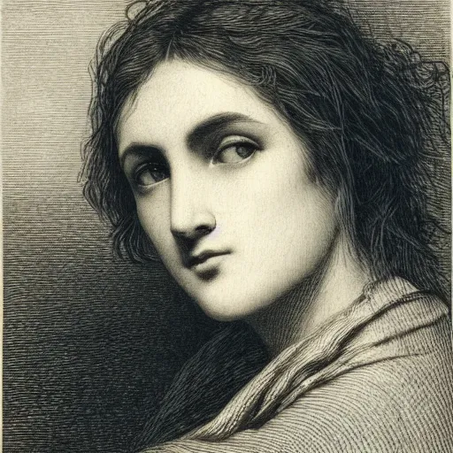 Image similar to extreme close-up, portrait of a young french woman from modern days, Gustave Dore lithography