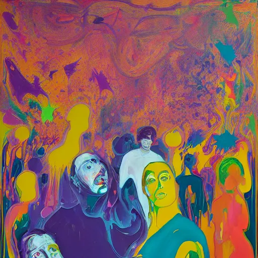 Prompt: people in the crowd, an ultrafine detailed painting by peter max and francis bacon and fiona rae and maryam hashemi and hernan bas and anna mond and max gubler, featured on deviantart, metaphysical painting, neo expressionism, melting paint, biomorphic, mixed media, photorealistic, dripping paint, palette knife texture, masterpiece