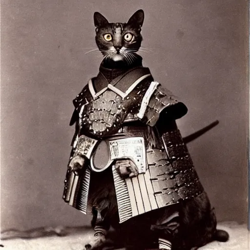 Image similar to “cat in full samurai armour, 1900’s photo”