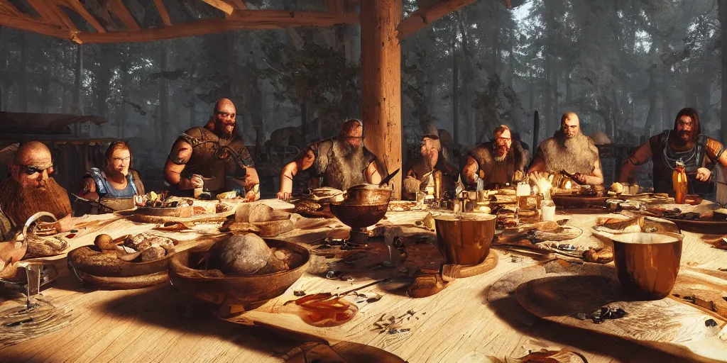 Image similar to screenshot from a viking feast first person shooter, fps, raytracing, render, 4 k, by greg rutkowski