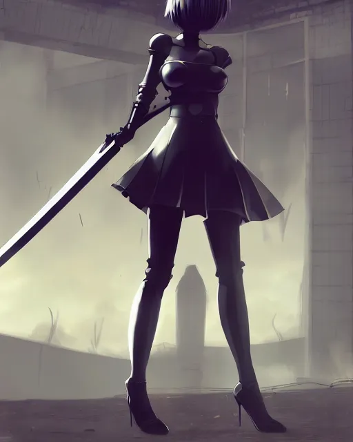 Prompt: 2B from Nier Automata and with slender body type with long hair standing in front of a large building holding a sword, cartoon illustration, trending in artstation, artstationHD, artstationHQ, 8k