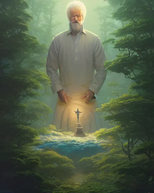 Image similar to highly detailed surreal vfx portrait of a sacred bob ross, stephen bliss, unreal engine, greg rutkowski, loish, rhads, beeple, makoto shinkai and lois van baarle, ilya kuvshinov, rossdraws, tom bagshaw, alphonse mucha, global illumination, detailed and intricate environment