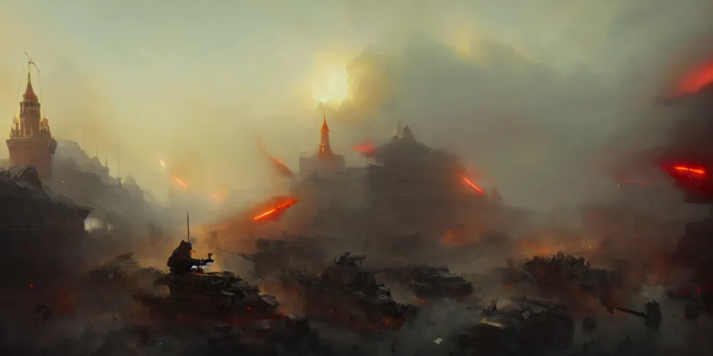 Prompt: russian civil war in moscow, explosions everywhere, extremely detailed digital painting, in the style of fenghua zhong and ruan jia and jeremy lipking and peter mohrbacher, mystical colors, rim light, beautiful lighting, 8 k, stunning scene, raytracing, octane, trending on artstation