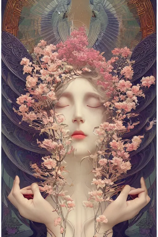 Prompt: portrait breathtaking detailed concept art painting art deco pattern of birds goddesses amalmation flowers head boudhisme temple, by hsiao ron cheng, tetsuya ichida, bizarre compositions, gaston bussiere, exquisite detail, extremely moody lighting, 8 k, art nouveau, old chines painting, art nouveau