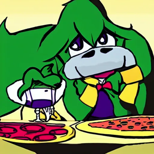 Image similar to ralsei from deltarune eating pizza with asriel from deltarune