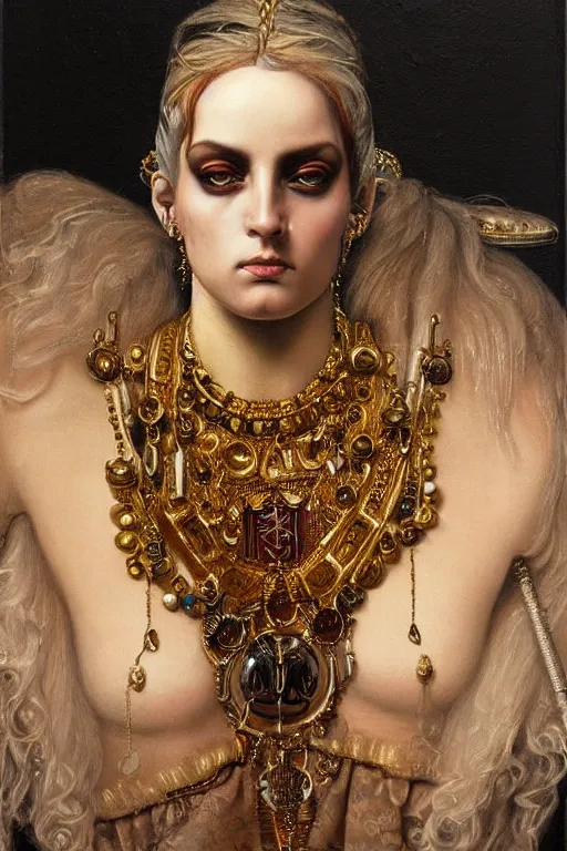 Prompt: hyper realistic painting portrait of punk queen, occult diagram, elaborate details, detailed face, intrincate ornaments, gold decoration, occult art, oil painting, art noveau, in the style of roberto ferri, gustav moreau, jean delville, bussiere, andrew gonzalez