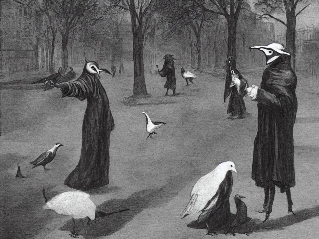 Image similar to plague doctor in a park feeding pigeons