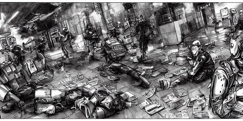 Image similar to 1992 Video Game Concept Art, Anime Neo-tokyo Cyborg bank robbers vs police, Set in Cyberpunk Bank Lobby, bags of money, Multiplayer set-piece :9, Police officers hit by bullets, Police Calling for back up, Bullet Holes and Blood Splatter, :6 ,Hostages, Smoke Grenades, Riot Shields, Large Caliber Sniper Fire, Chaos, Cyberpunk, Money, Anime Bullet VFX, Machine Gun Fire, Violent Gun Action, Shootout, Escape From Tarkov, Payday 2, Highly Detailed, 8k :7 by Katsuhiro Otomo + Studio Gainax + Sanaril : 8