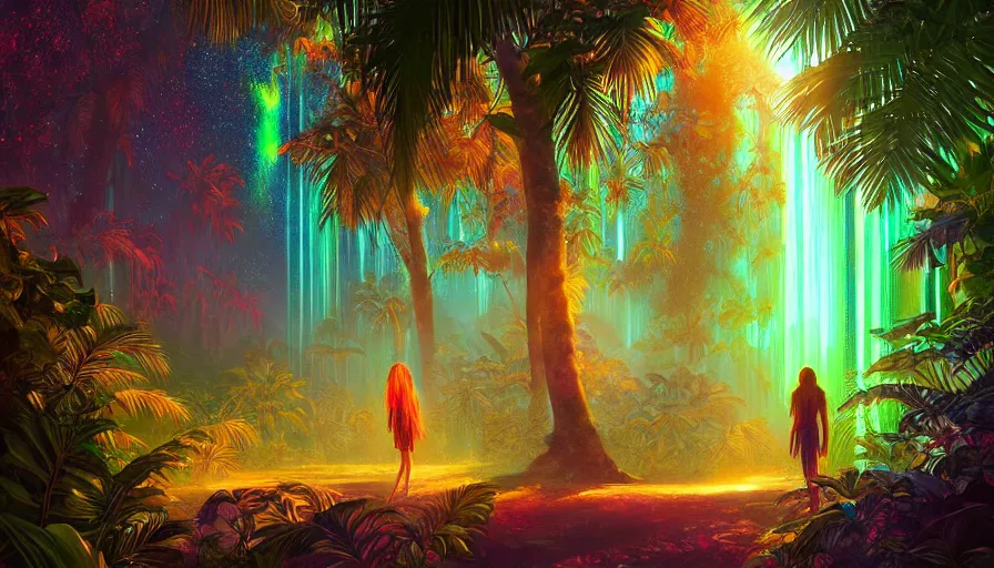 Image similar to portrait of a sparkling tropical grove with neon auroras, path traced, environment, highly detailed, high quality, digital painting, alena aenami, lilia alvarado, shinji aramaki, karol bak, alphonse mucha, tom bagshaw