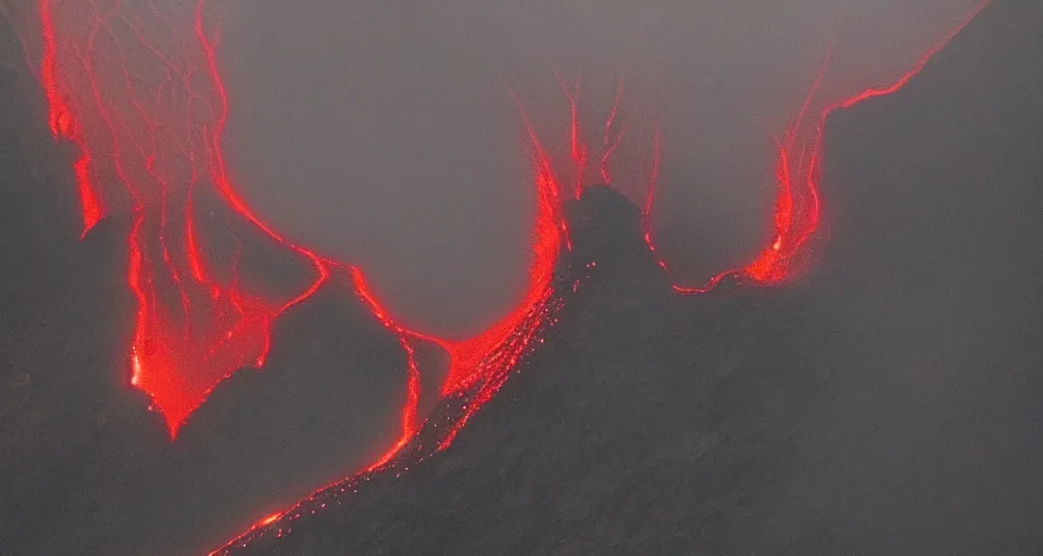 Prompt: a volcano made of ivory vines and crimson rocks enters in eruption, it spits a smoke in the shape of demonic eye, by Steve Argyle