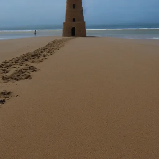 Image similar to a tower of sand on the beach that's taller than the people around it