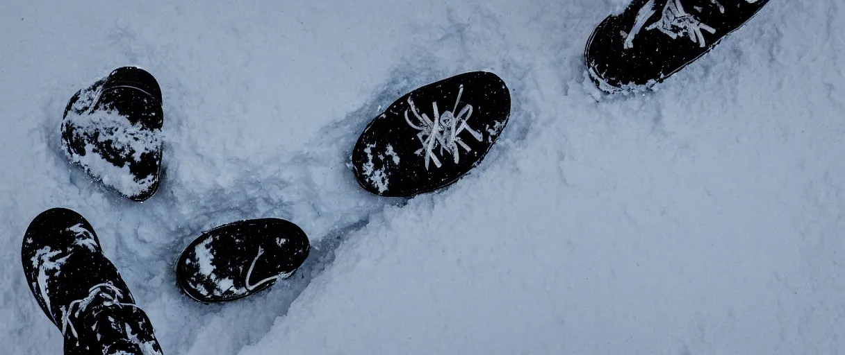 Image similar to top view extreme closeup movie like 3 5 mm film photograph of the silhouette of a man's boots walking through the antarctic snow during a heavy blizzard