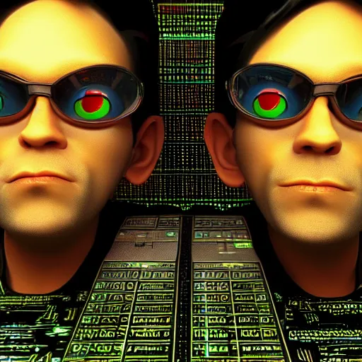 Image similar to twin brothers hacking into the mainframe of the matrix or whatever, in the style of jamie hewlett and riyoko ikeda, realistic af, octane render