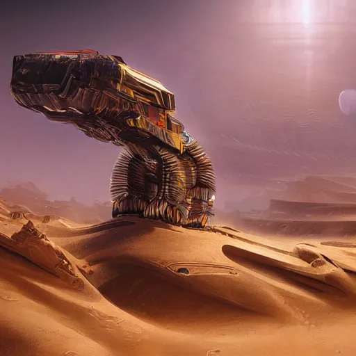 Image similar to concept art of robotic lion in scifi dunes, cyberpunk glow, matte painting by jama jurabaev,