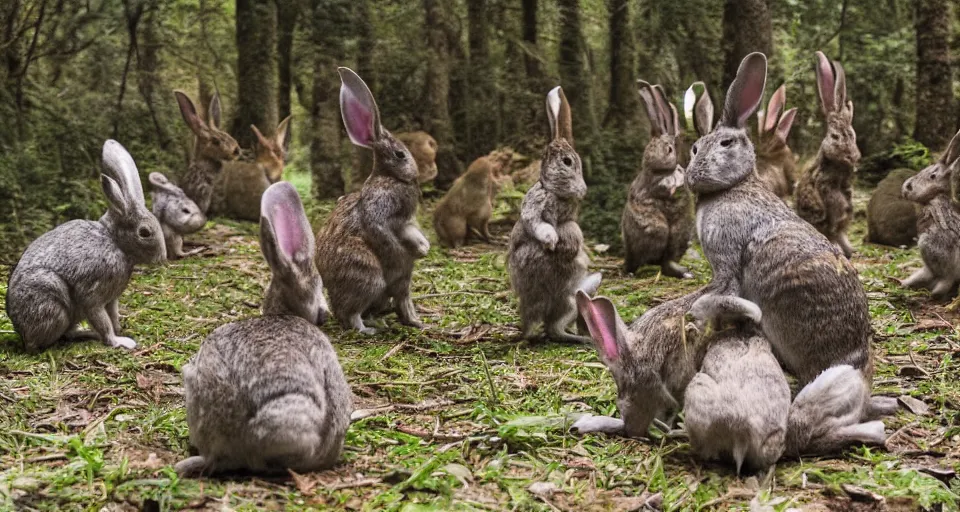 Image similar to shamanic ritual, A group of rabbits performing a shamanic ritual in a forest