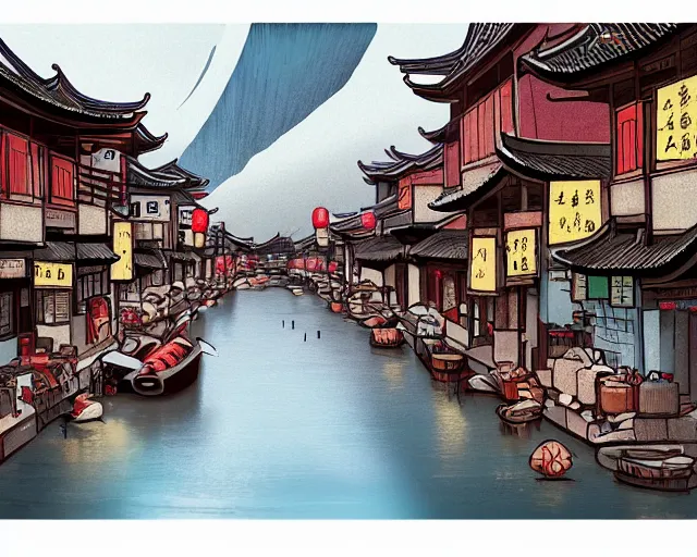 Prompt: artstation a graphic design of a little chinese town ， main road ， river