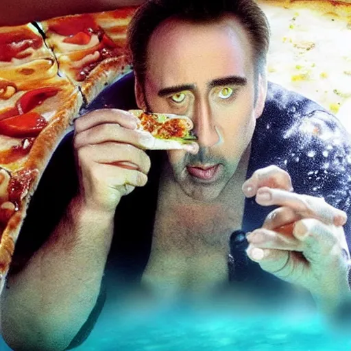 Image similar to Nicolas Cage eating pizza underwater, photograph