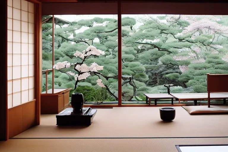 Image similar to a modern Japanese living room, small traditional Japanese flower arrangements