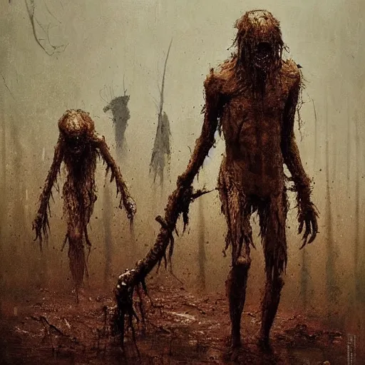 Image similar to painting by jakub rozalski of a muddy rooted humanoid creatures