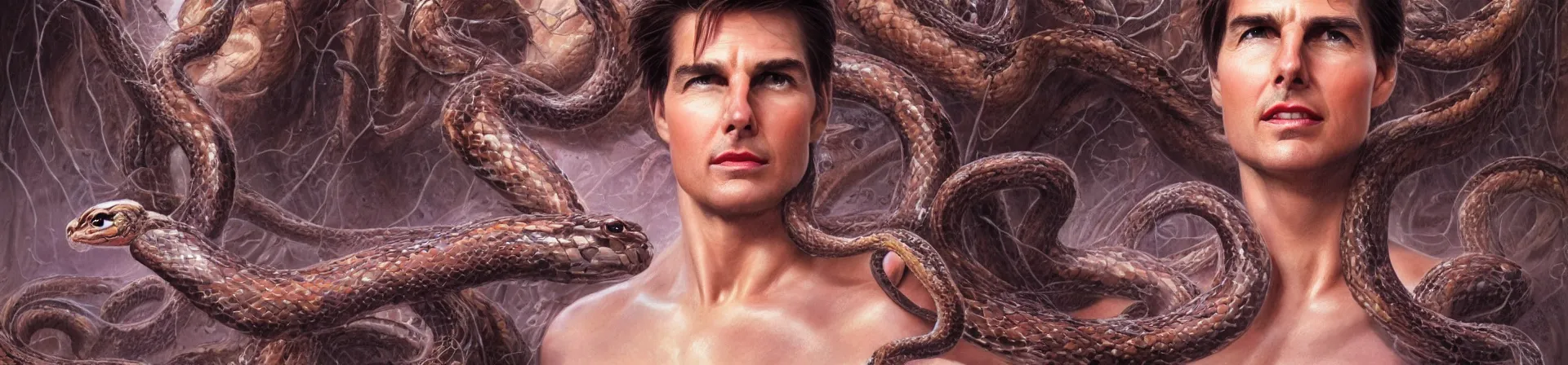 Image similar to beauty woman Tom Cruise with snakes for hair, Medusa, detailed face, surrounded by spiders, very detailed, dramatic lighting, electrical details, high details, 4k, 8k, trending on artstation, by Greg Rutkowski, Wayne Barlowe, Hajime Sorayama and Boris Vallejo