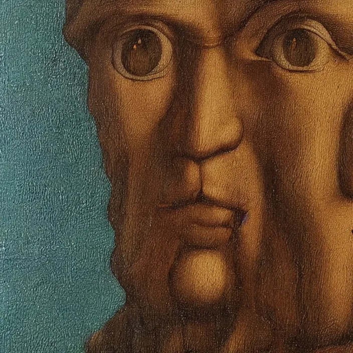 Prompt: an oil painting in the style of leonardo da vinci of half robot half man, indicating to ai