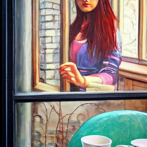 Image similar to a girl with dark red hair seating in cafe and drinking tea, Istanbul can be seen in window behind her oil painting