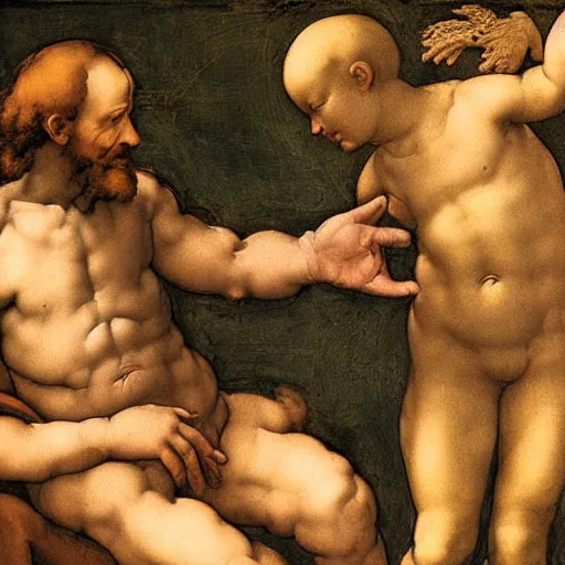 Prompt: michelangelo's of the creation of adam, but with a child's hand and his father's - n 9