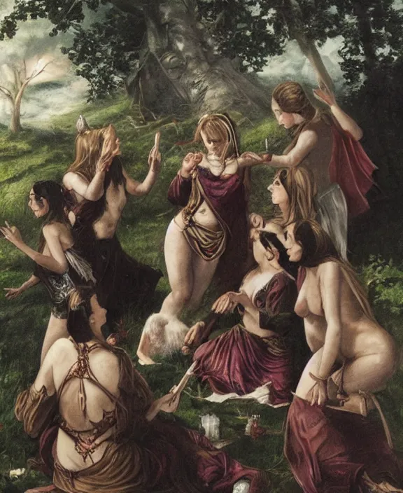 Prompt: a group of pagan female sorcerers performing a fertility ritual