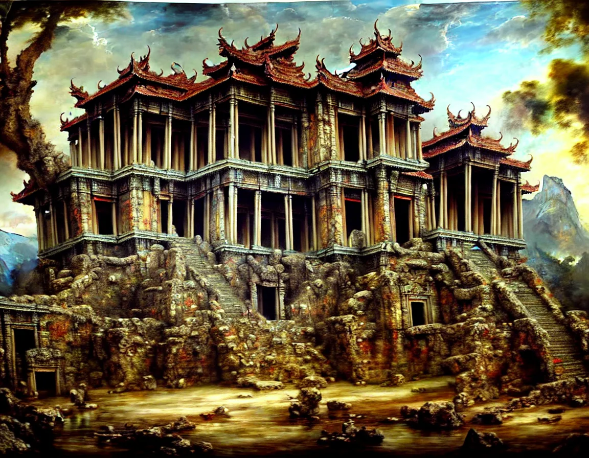 Prompt: hyper realistic detailed oil painting of ancient forgotten palace of shangrila, 8 k ultra hd, by jan matejko