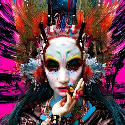 Prompt: ( high definition highly detailed baroque cyberpunk shamaness, varnished oil paint in bright colors on black background with small background color splatters, by katsuhiro otomo ) as anime art