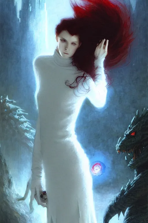 Image similar to beautiful vampire with red eyes and long red hair in a white woollen turtleneck dress, pointing at a small blue shin godzilla, portrait dnd, painting by gaston bussiere, craig mullins, greg rutkowski, yoji shinkawa