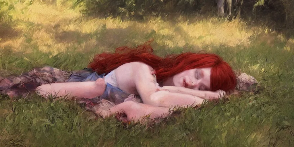 Prompt: redhead sleeping outside in summer, artstation james gurney