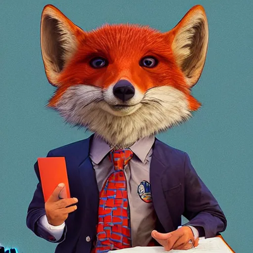 Prompt: a cute male anthropomorphic vulpes vulpes fulva wearing suit in the teachers office at school, pixar style, by tristan eaton stanley artgerm and tom bagshaw.