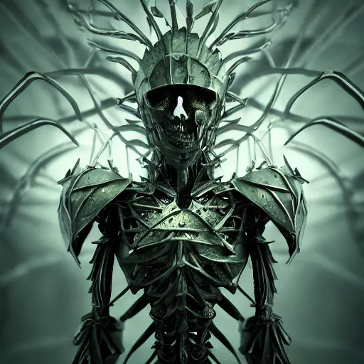 Image similar to vegetal skeletal botanical humanoid armored rune covered armor nanotechnology kryptonite protomolecule utility fog tendrils high contrast cinematic light, mystical shadows, sharp focus, divine realm of gods, octane render