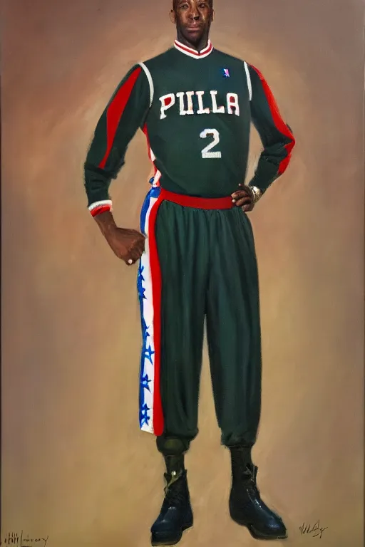 Image similar to full body portrait of the dictator of the philadelphia 7 6 ers, 1 9 5 5, in full military garb, oil on canvas by william sidney mount, trending on artstation