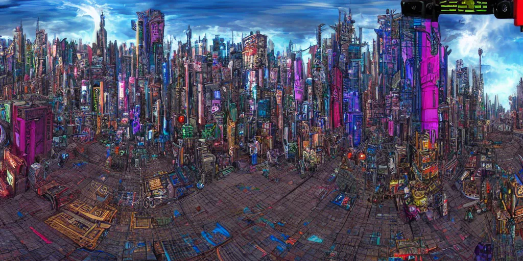 Prompt: streetview equirectangular 360 photo of cyberpunk metropolis, colorful, by Andy Thomas, Mario Martinez, Daniel Mirante, Gustave Dore, Artstation, CGsociety, masterpiece
