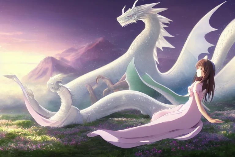 Prompt: a vast scene, panorama distant view, beautiful princess lie on the ground be surrounded snuggle by a huge silver white dragon, in the white clouds fairyland center, anime key visual of white dragon and girl, finely detailed perfect face delicate, distant lens, style of raphael lacoste, trending on pixiv fanbox, james jean, studio ghibli, xision