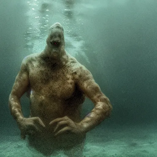 Image similar to sea monster about to eat pov underwater, neutral expression, have submerged, pale skin, dark yellowish water, foggy water, dark, dramatic,'silent hill ', big eyes, alluring and terrifying, cinematic