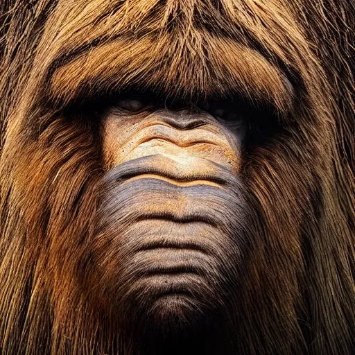 Prompt: “national geographic photo of a newly-discovered creature which lives at the highest peaks of the Himalayas, the creature is a cross between a woolly mammoth and a Neanderthal man, the background is a forest at the top of a mountain, the lighting is like dusk, hyper realistic photographic portrait of the creature, extreme close-up detail of its face which looks like a hybrid mammoth and human, with piercing blue eyes and protruding teeth”