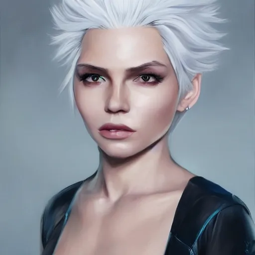 Image similar to a painting of a woman with white hair, a character portrait by pogus caesar, featured on cgsociety, photorealism, detailed painting, artstation hd, ultra detailed