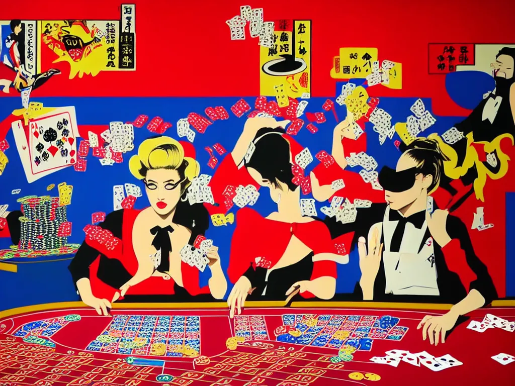 Image similar to hyper - realistic composition of a room in a casino with an extremely detailed poker table, croupier in traditional japanese kimono standing nearby fireworks in the background, pop art style, jackie tsai style, andy warhol style, acrylic on canvas